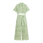 Dames tweedelige set met kanten crop top en wijde broek Groen