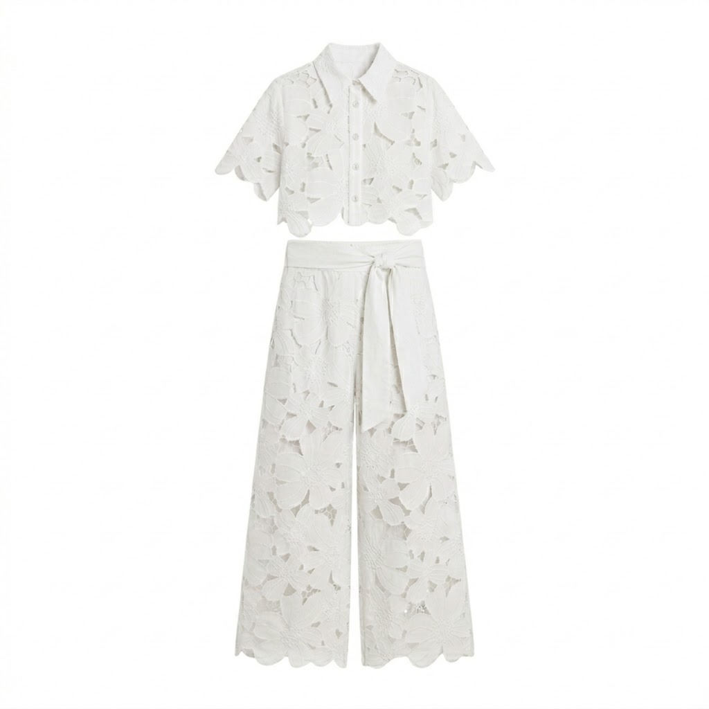 Dames tweedelige set met kanten crop top en wijde broek Wit
