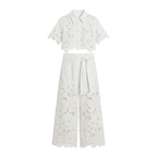 Dames tweedelige set met kanten crop top en wijde broek Wit