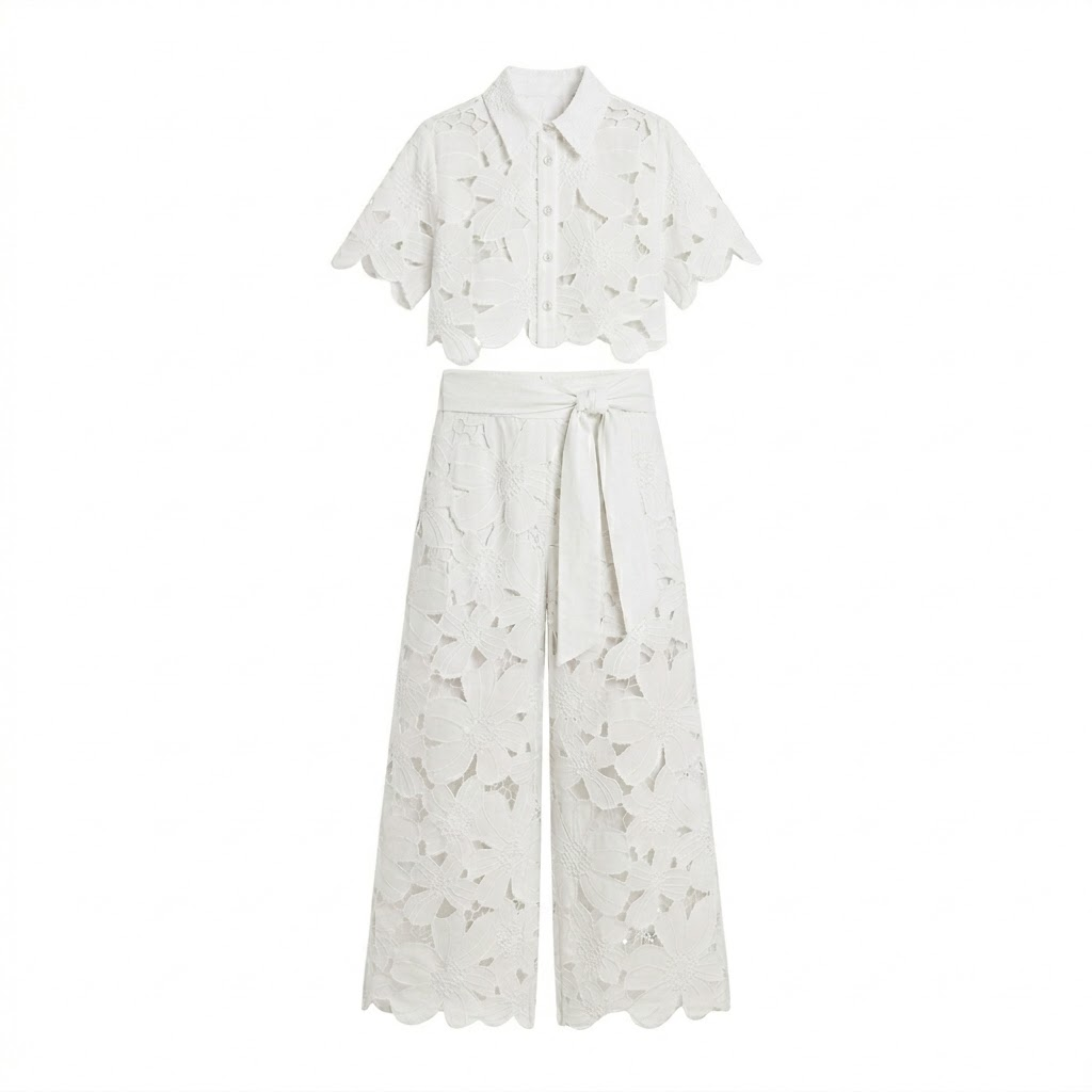 Dames tweedelige set met kanten crop top en wijde broek Wit