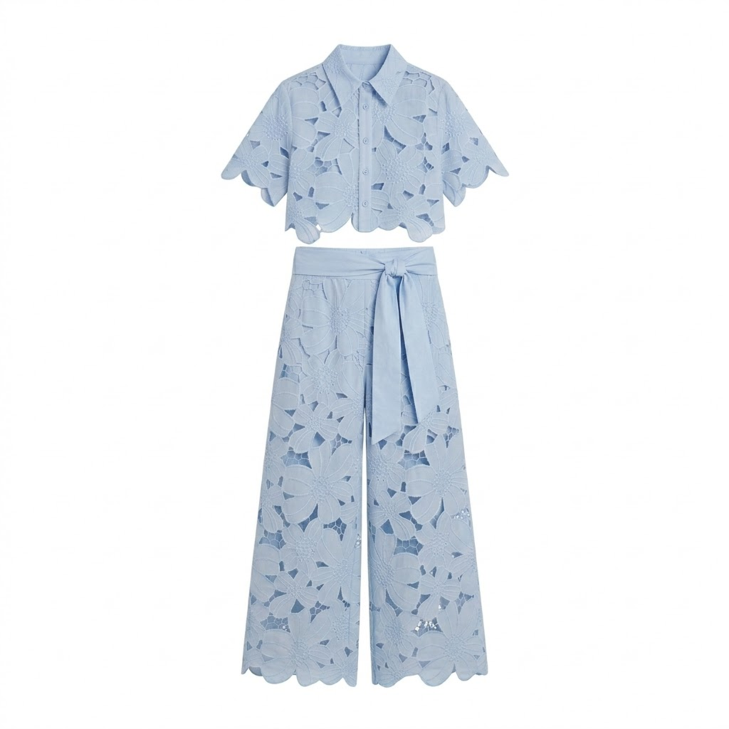 Dames tweedelige set met kanten crop top en wijde broek Hemelsblauw