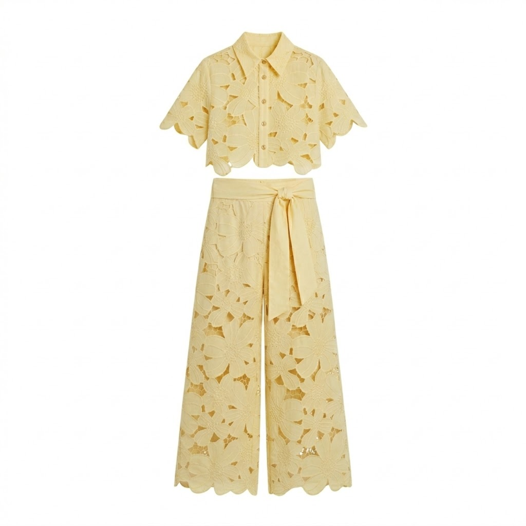 Dames tweedelige set met kanten crop top en wijde broek Geel