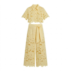 Dames tweedelige set met kanten crop top en wijde broek Geel