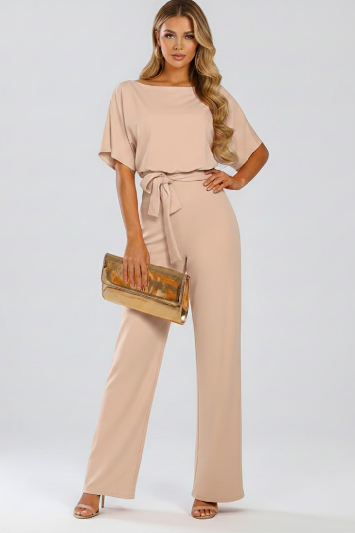 Caelia | Jumpsuit Dames - Wijde Pijpen Ceintuur Beige