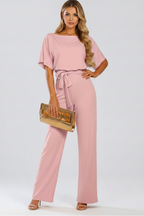 Caelia | Jumpsuit Dames - Wijde Pijpen Ceintuur Roze