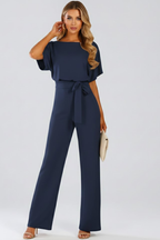Caelia | Jumpsuit Dames - Wijde Pijpen Ceintuur Marineblauw