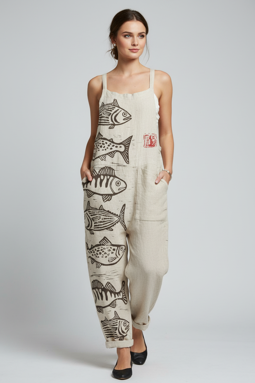 Elora | Jumpsuit Dames - Beige - Vissenprint Losse Pasvorm