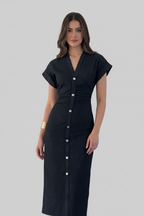 Elena | Denim Jurk Dames - Reverskraag Plooien Midi