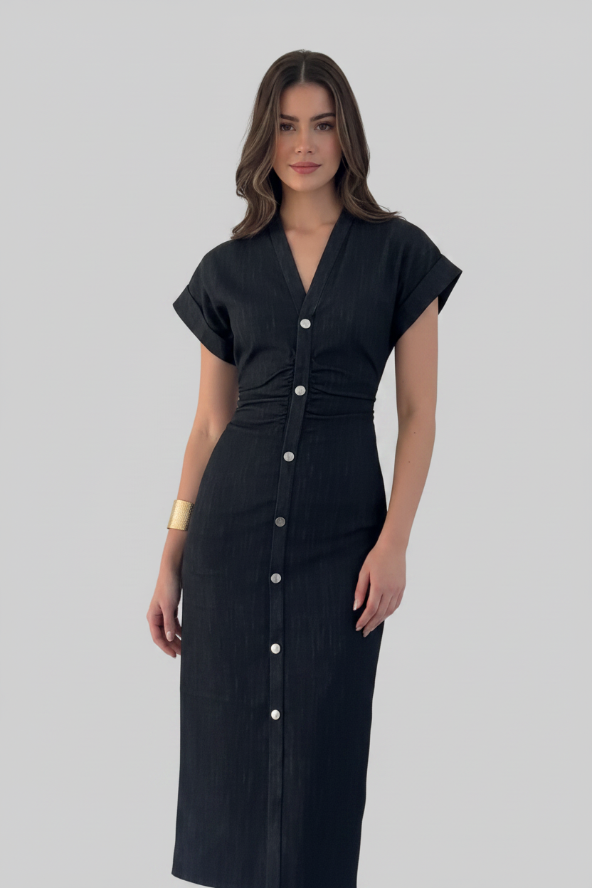 Elena | Denim Jurk Dames - Reverskraag Plooien Midi