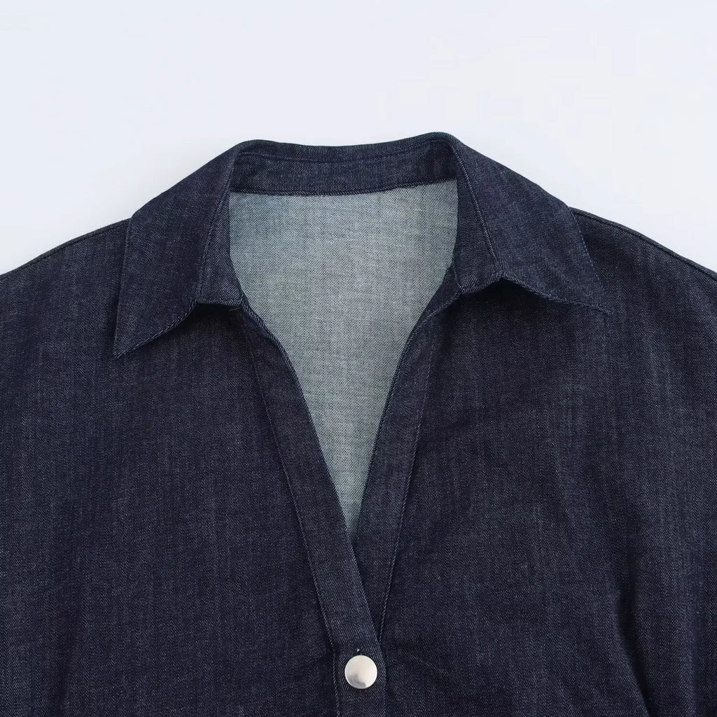 Elena | Denim Jurk Dames - Reverskraag Plooien Midi