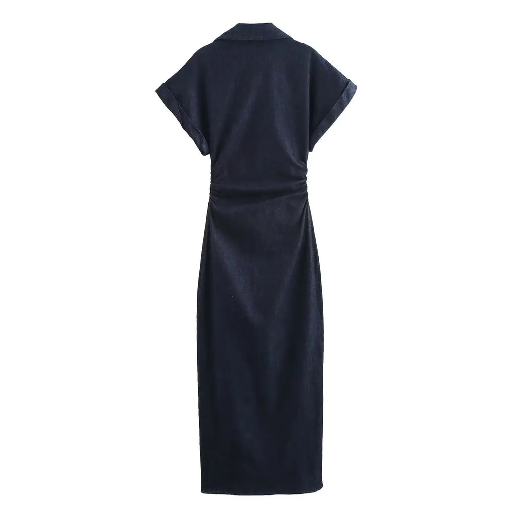 Elena | Denim Jurk Dames - Reverskraag Plooien Midi