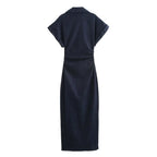 Elena | Denim Jurk Dames - Reverskraag Plooien Midi