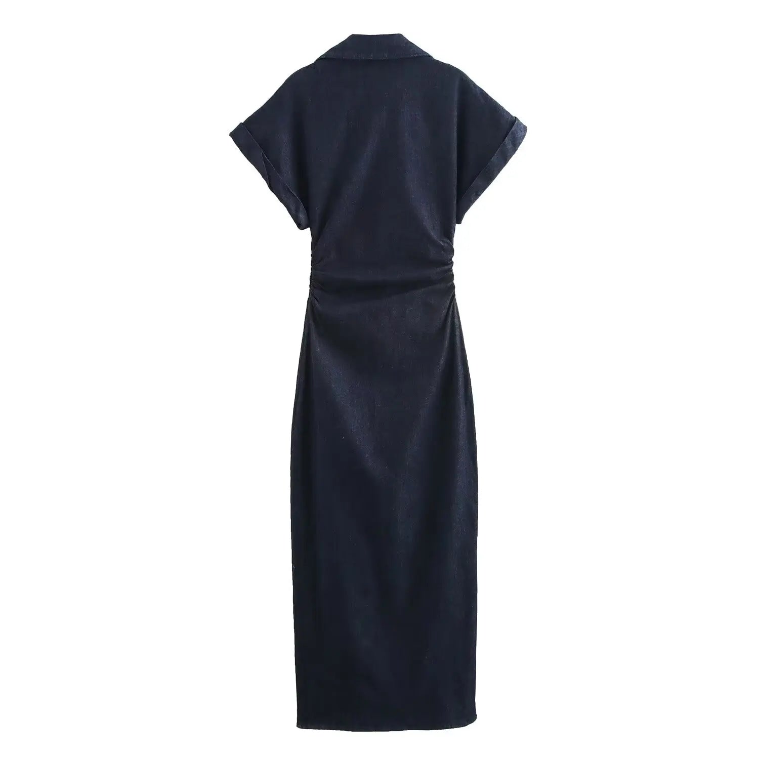 Elena | Denim Jurk Dames - Reverskraag Plooien Midi