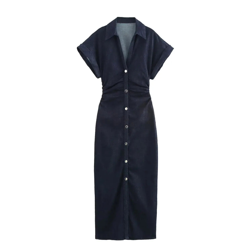 Elena | Denim Jurk Dames - Reverskraag Plooien Midi XL