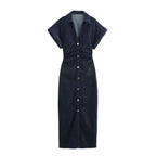 Elena | Denim Jurk Dames - Reverskraag Plooien Midi XL