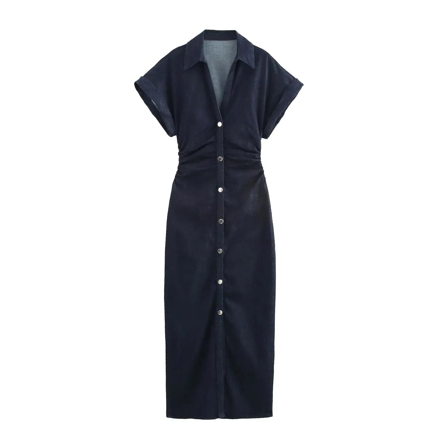 Elena | Denim Jurk Dames - Reverskraag Plooien Midi XL