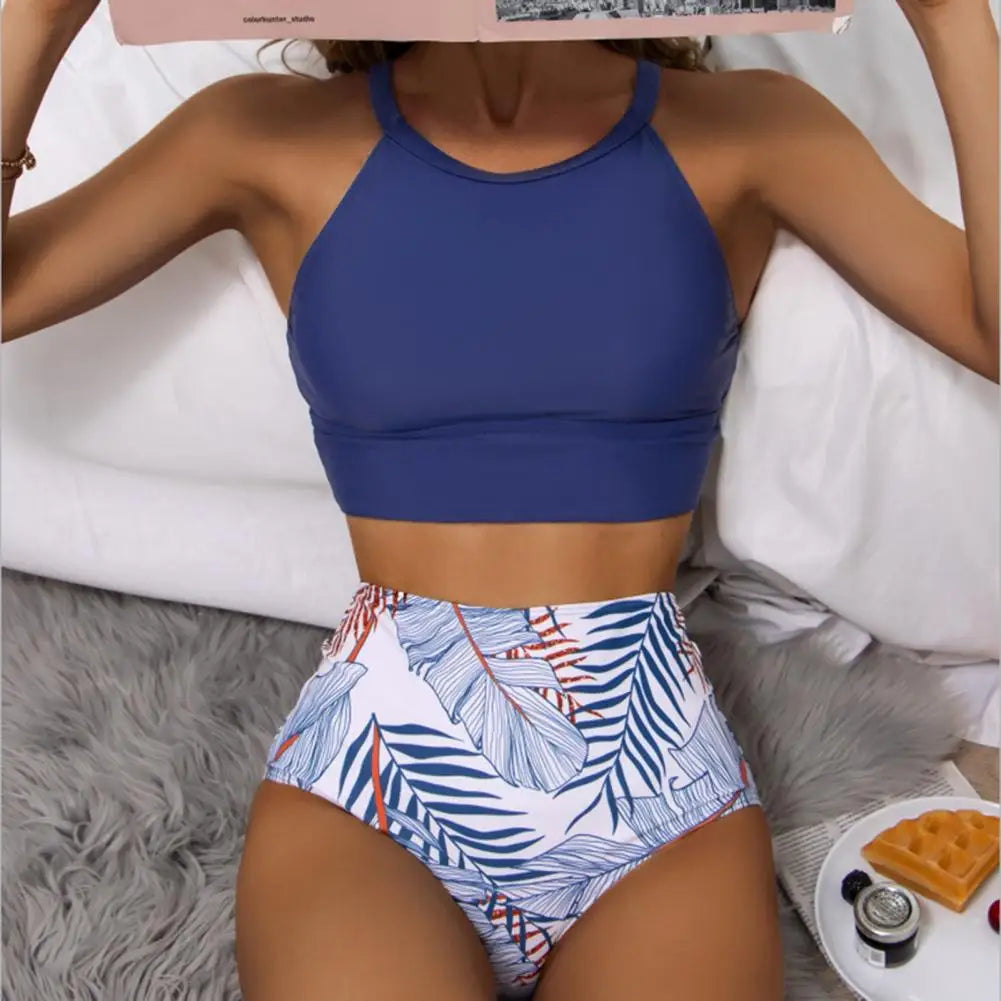 Callista | Bikiniset Dames - Bloemenprint - Hoge Taille Blauw
