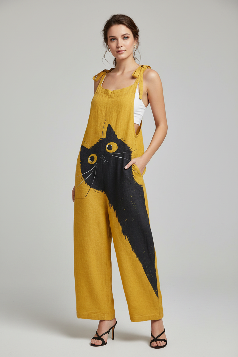 Mila | Jumpsuit Dames - Vintage Kattenprint Comfortabel