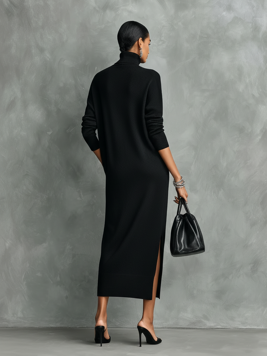 Eline | Dames Midi Jurk - Zachte Gebreide Coltrui, Lange Mouwen