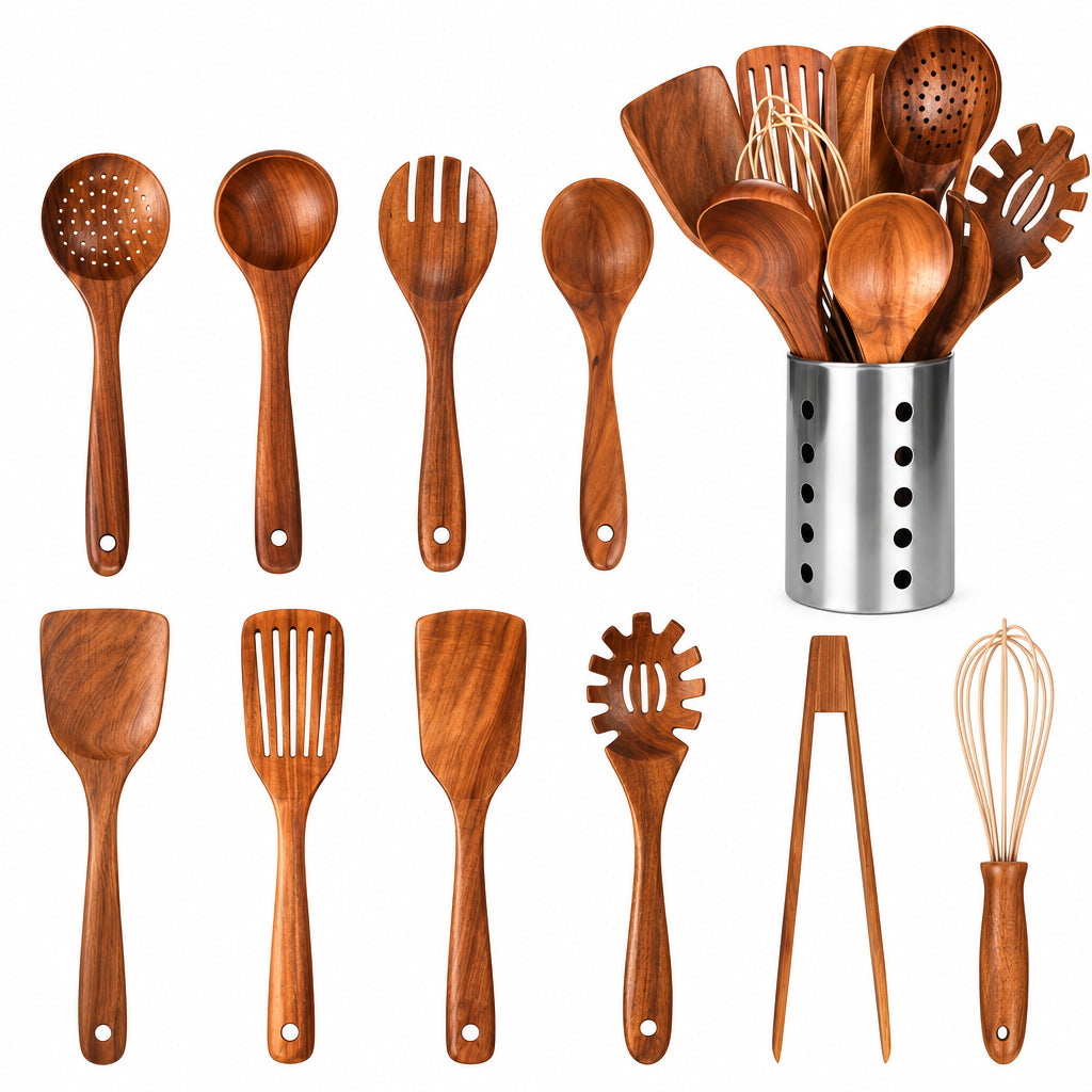 11-delige Keukengerei Set van Teakhout – Inclusief Houder – Natuurlijke Look voor de Keuken
