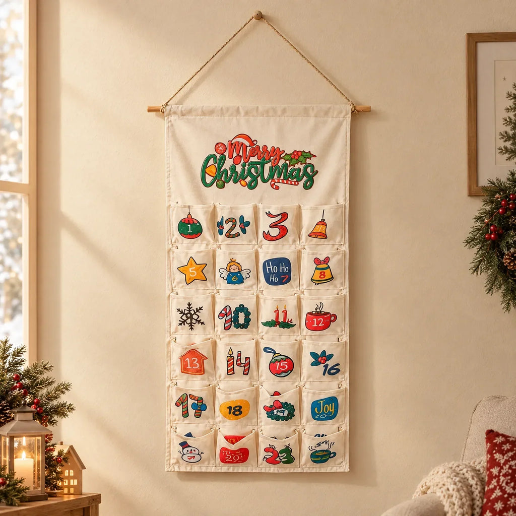 Adventskalender om te Vullen & Op te Hangen – Stoffen Wandkalender met 24 Vakjes, Hout & Stof, 100 x 50 cm, Herbruikbaar