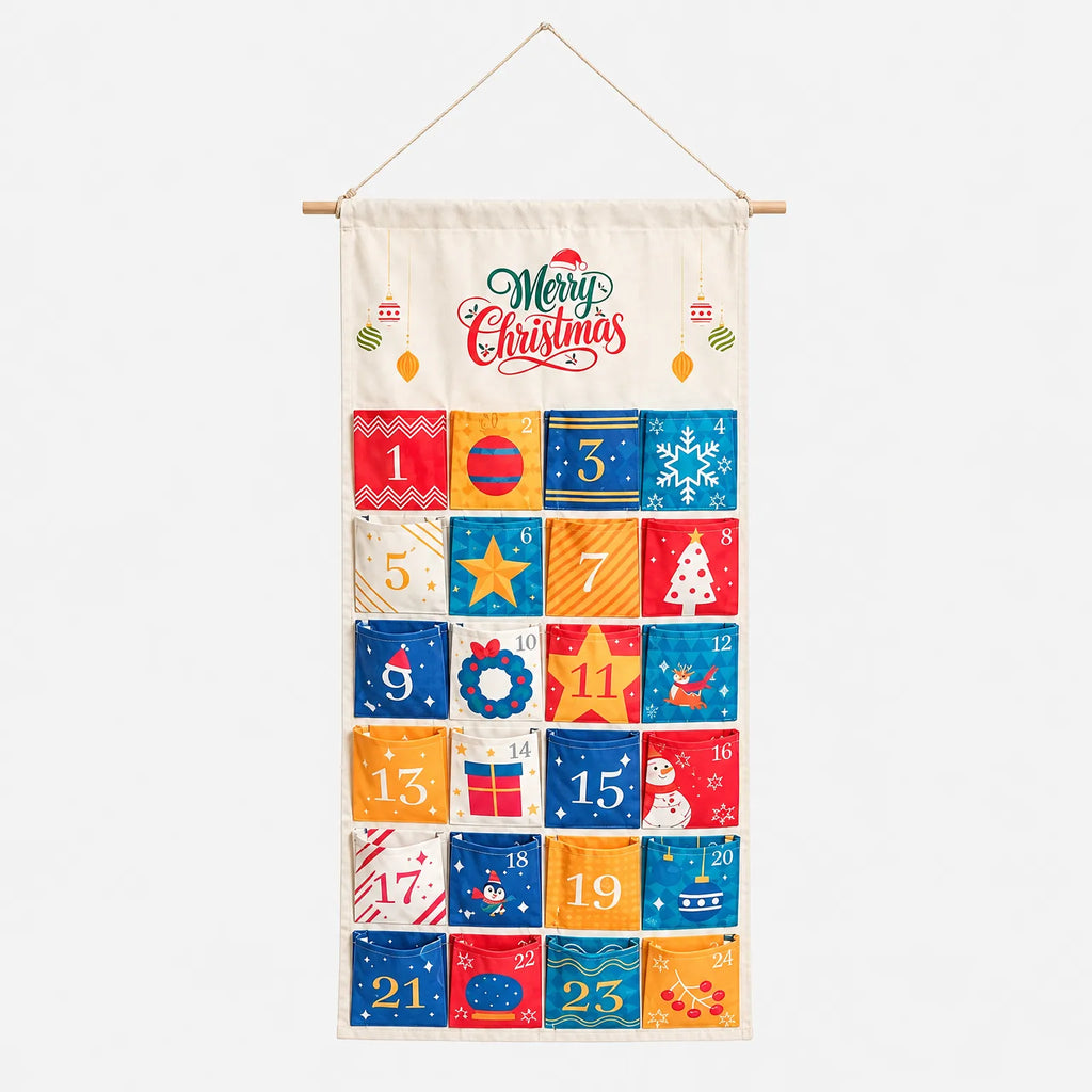 Adventskalender om te Vullen & Op te Hangen – Stoffen Wandkalender met 24 Vakjes, Hout & Stof, 100 x 50 cm, Herbruikbaar Stijl B
