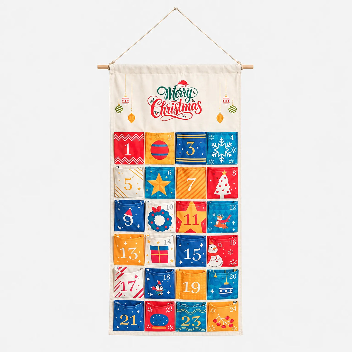 Adventskalender om te Vullen & Op te Hangen – Stoffen Wandkalender met 24 Vakjes, Hout & Stof, 100 x 50 cm, Herbruikbaar Stijl B