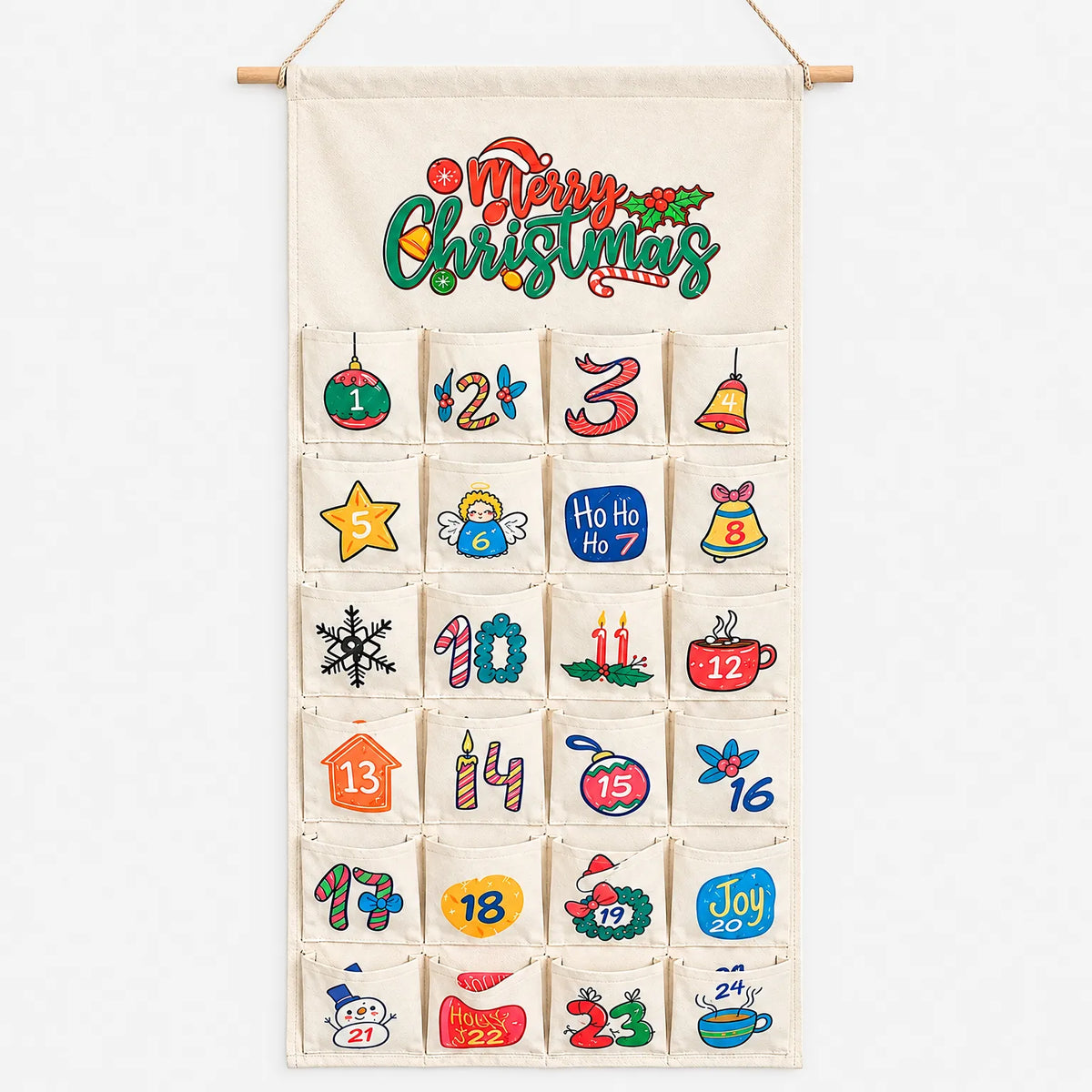 Adventskalender om te Vullen & Op te Hangen – Stoffen Wandkalender met 24 Vakjes, Hout & Stof, 100 x 50 cm, Herbruikbaar