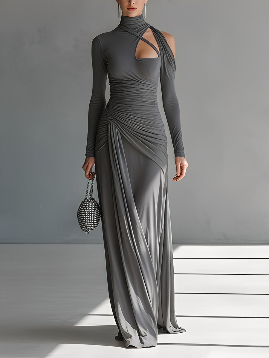 Gina | Dames Maxi Jurk - Zijdeachtige Stretch, Lange Mouwen en Ruches Grijs
