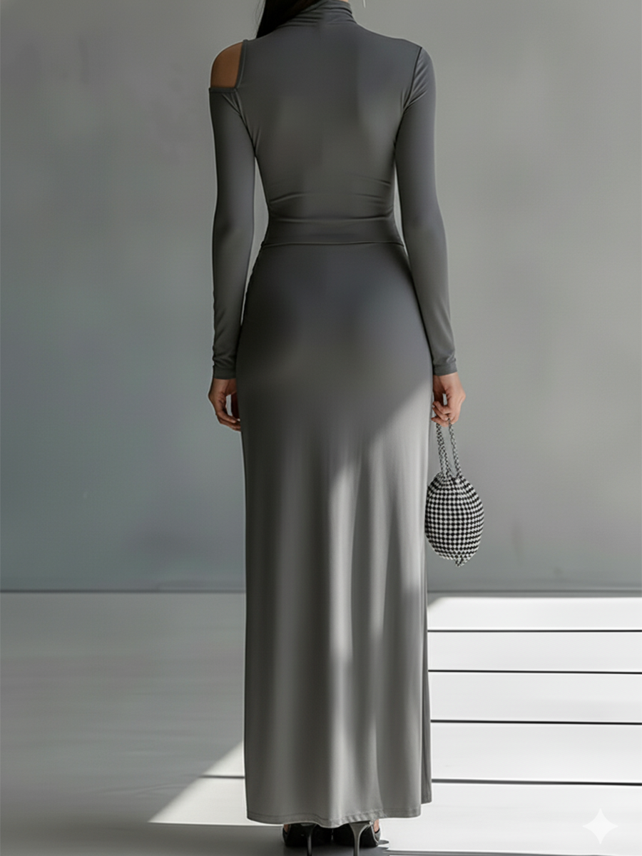 Gina | Dames Maxi Jurk - Zijdeachtige Stretch, Lange Mouwen en Ruches