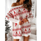 Kersttrui Dames – Oversized Off-Shoulder Trui in Rood & Wit, Comfortabele Trui voor de Feestdagen – Luna