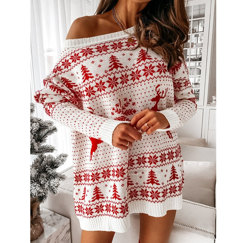 Kersttrui Dames – Oversized Off-Shoulder Trui in Rood & Wit, Comfortabele Trui voor de Feestdagen – Luna