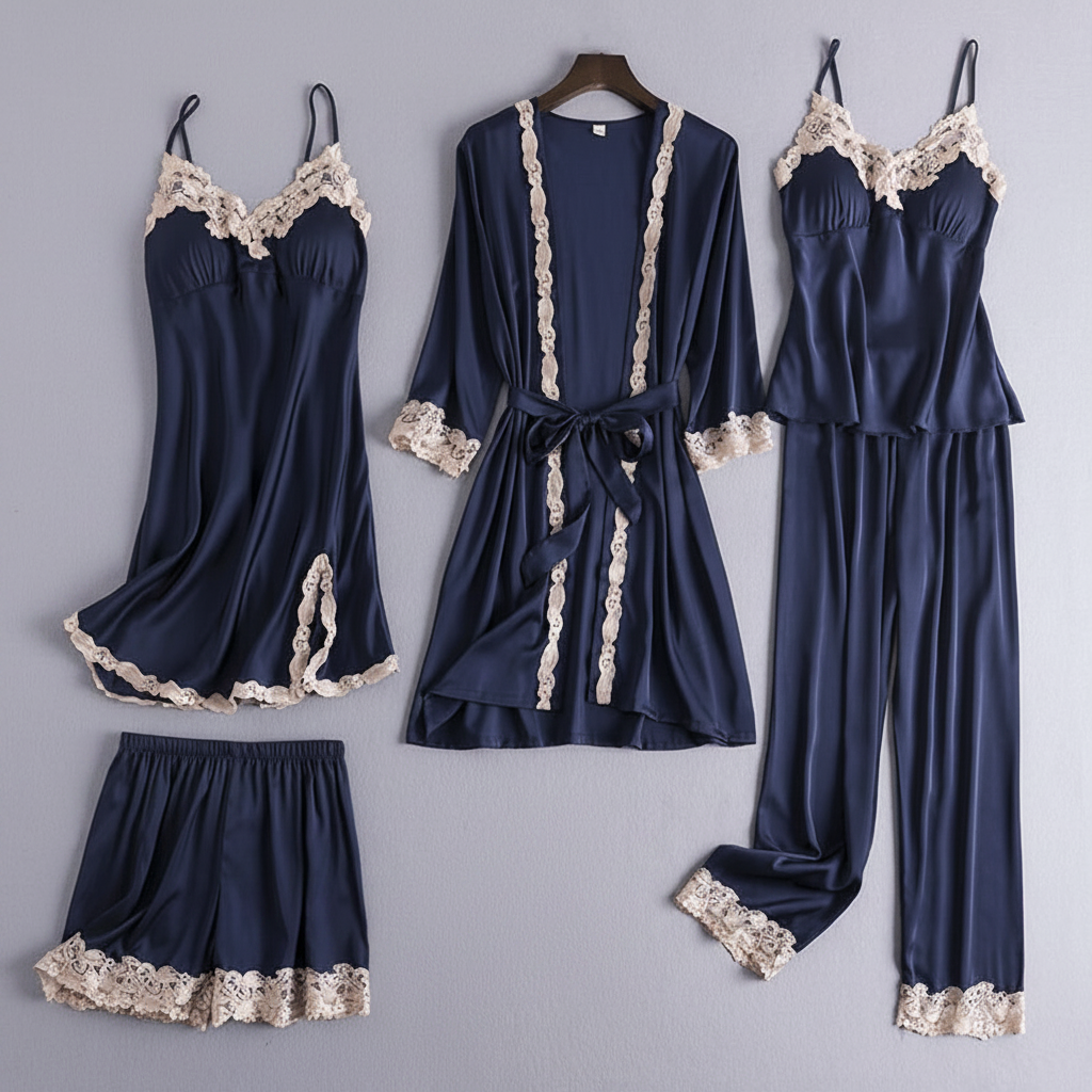 Mirabella | Loungewear Set Dames - Zijden Satijn - 4-Delig Blauw