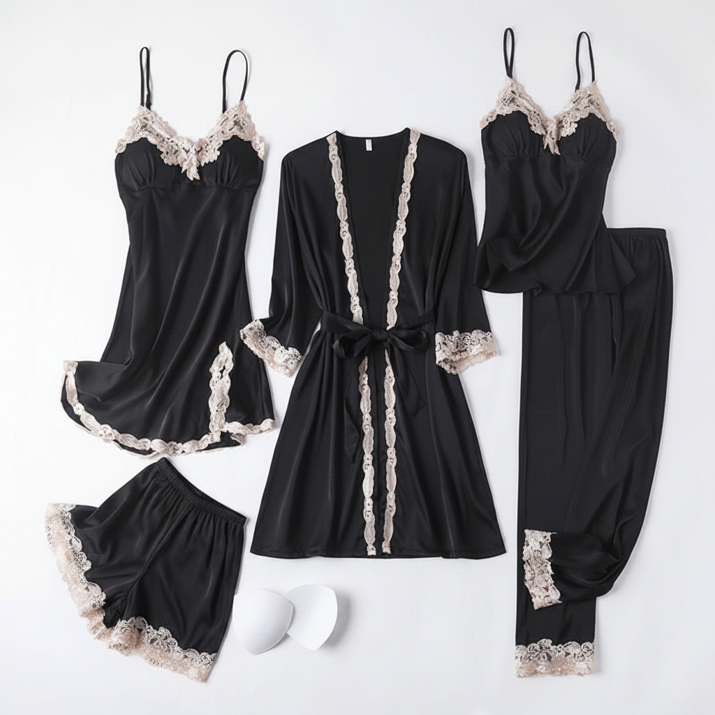 Mirabella | Loungewear Set Dames - Zijden Satijn - 4-Delig Zwart