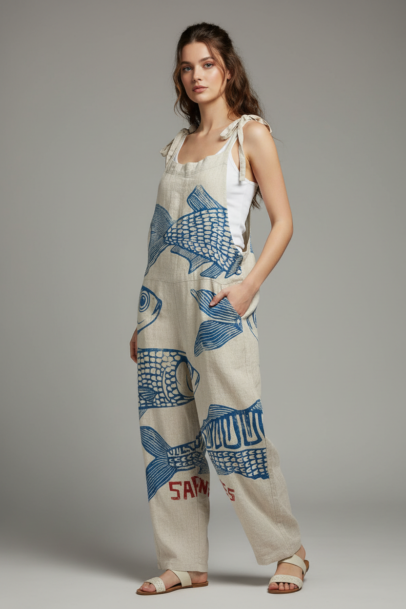 Sienna | Jumpsuit Dames - Marineblauw Vintage Vissenprint