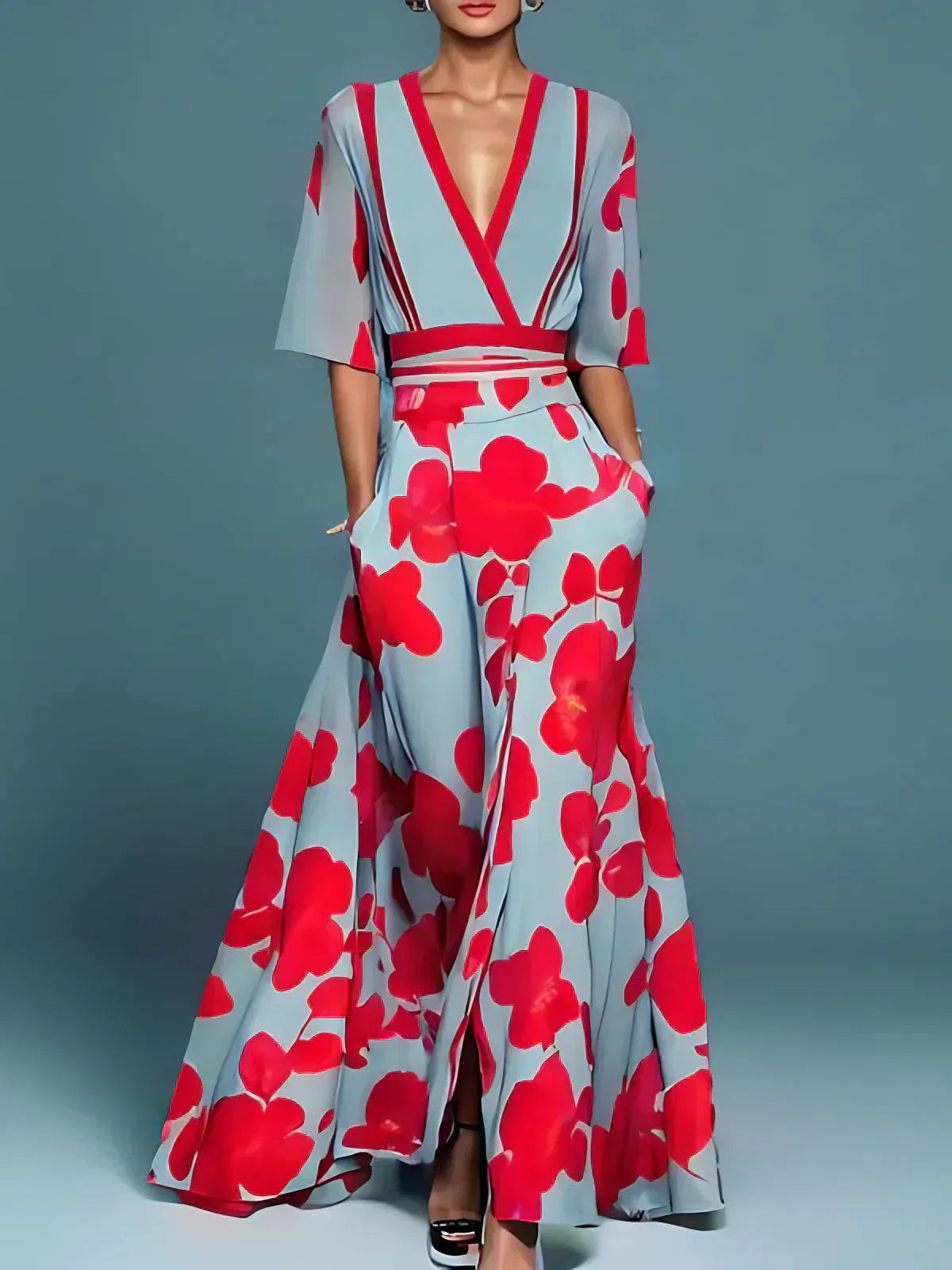 Iris | Dames Lange Jurk - Bloemmotief, Vloeiend Silhouet 2XL