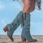 Laarzen Dames Halfhoog Franjes Blokhak Blauw
