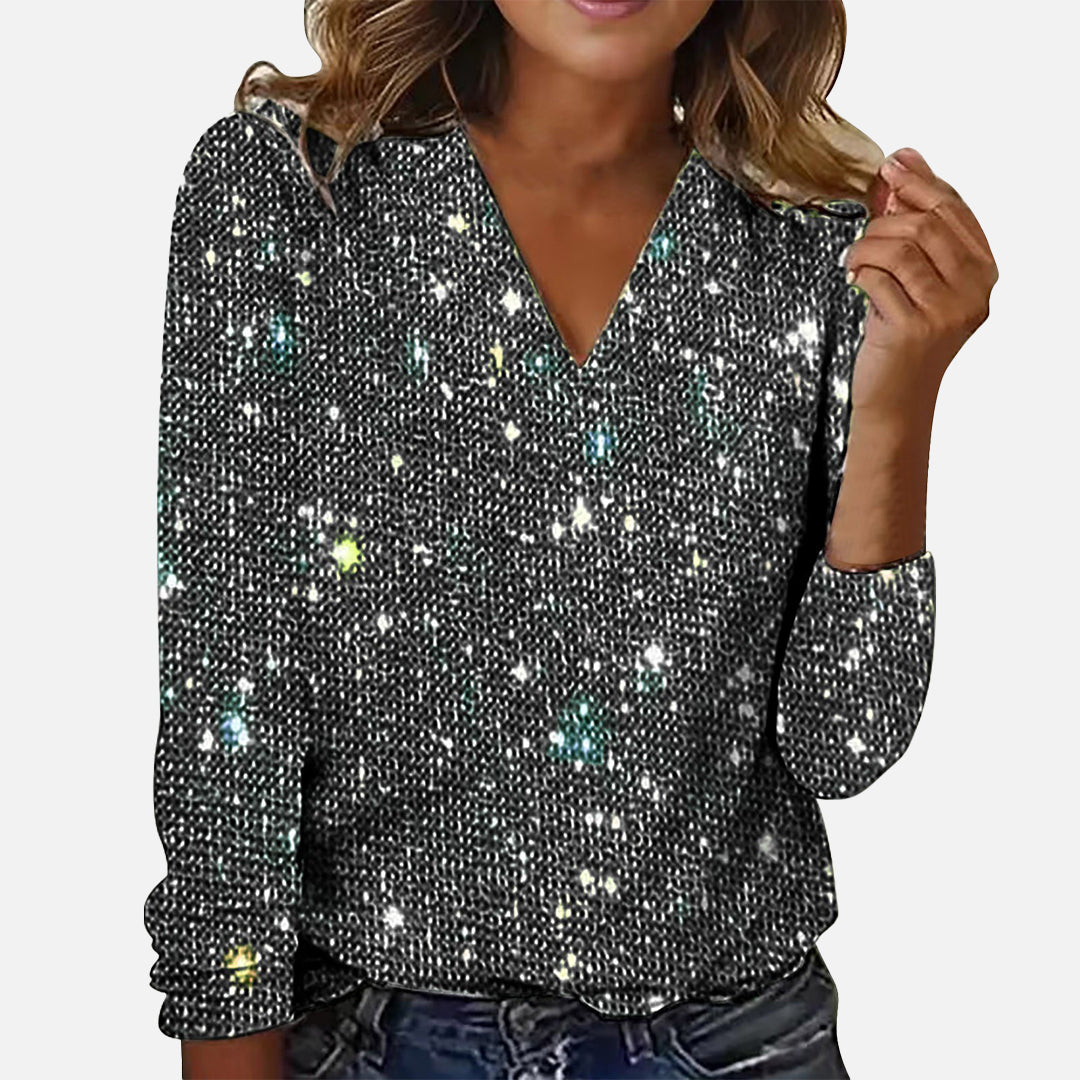 Jade | V-hals Blouse voor Vrouwen - Glitteraccenten, Elegant Zwart