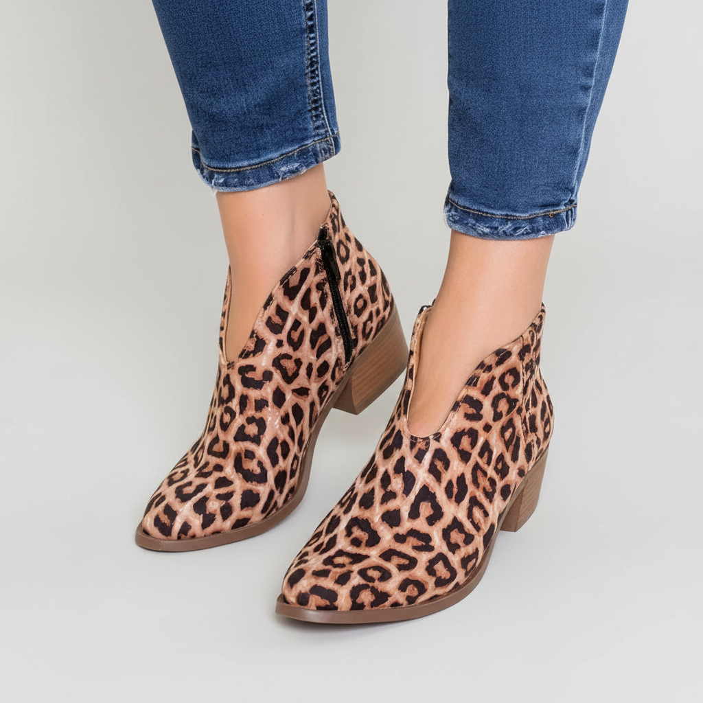 Enkellaarsjes Dames Spitse Neus Comfortabele Hak Luipaard