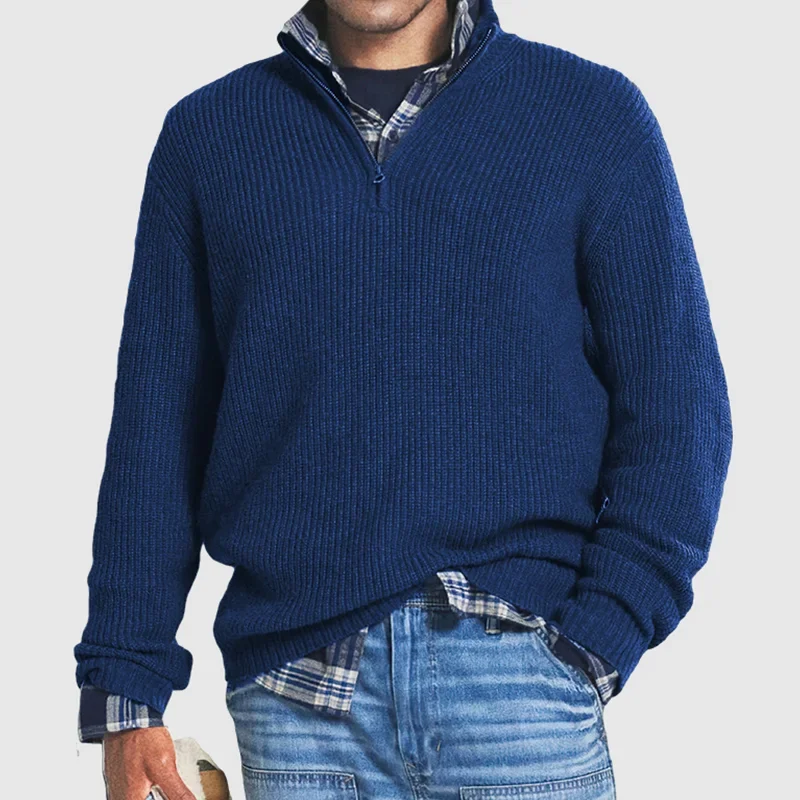 Sweater Heren Rits Lange Mouwen Zacht Casual Stijl Donkerblauw