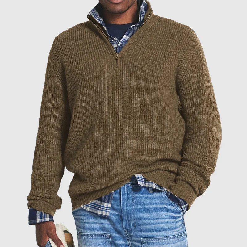 Sweater Heren Rits Lange Mouwen Zacht Casual Stijl Bruin