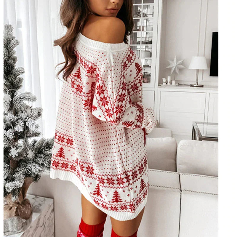 Kersttrui Dames – Oversized Off-Shoulder Trui in Rood & Wit, Comfortabele Trui voor de Feestdagen – Luna