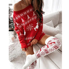 Kersttrui Dames – Oversized Off-Shoulder Trui in Rood & Wit, Comfortabele Trui voor de Feestdagen – Luna