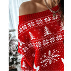 Kersttrui Dames – Oversized Off-Shoulder Trui in Rood & Wit, Comfortabele Trui voor de Feestdagen – Luna