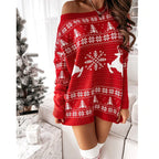 Kersttrui Dames – Oversized Off-Shoulder Trui in Rood & Wit, Comfortabele Trui voor de Feestdagen – Luna