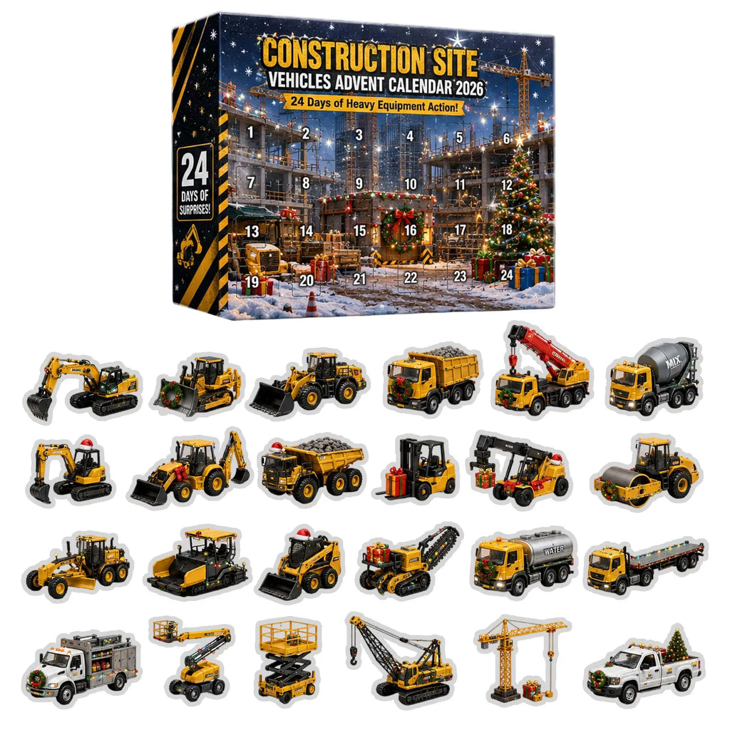 Bouwvoertuigen Adventskalender Kinderen – 24 Graafmachine & Betonmixer Hangers van Acryl, Aftelkalender zonder Snoep