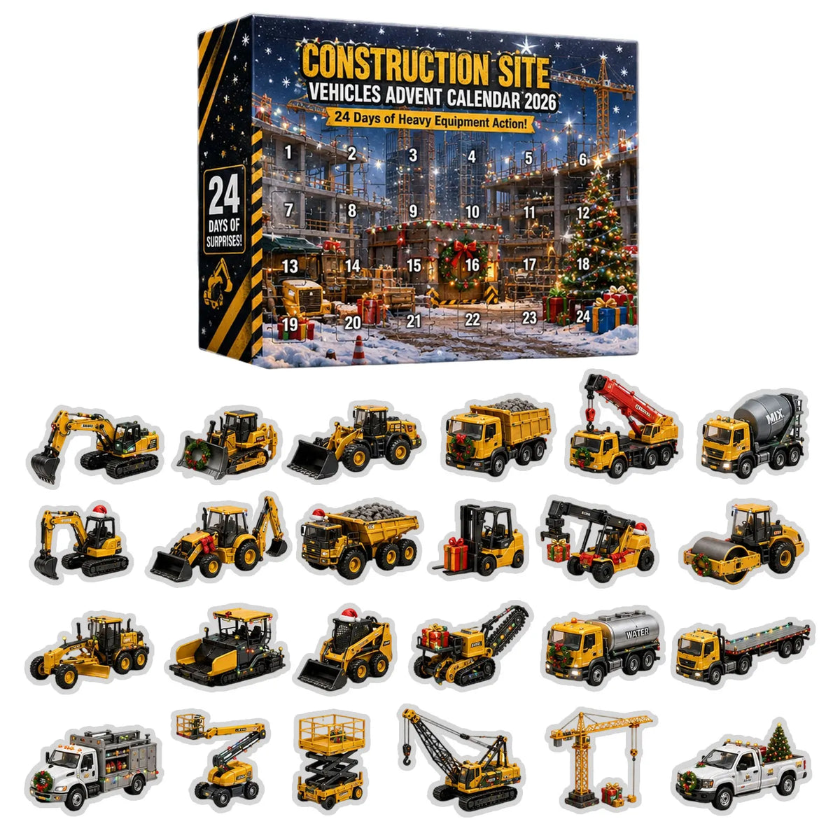 Bouwvoertuigen Adventskalender Kinderen – 24 Graafmachine & Betonmixer Hangers van Acryl, Aftelkalender zonder Snoep