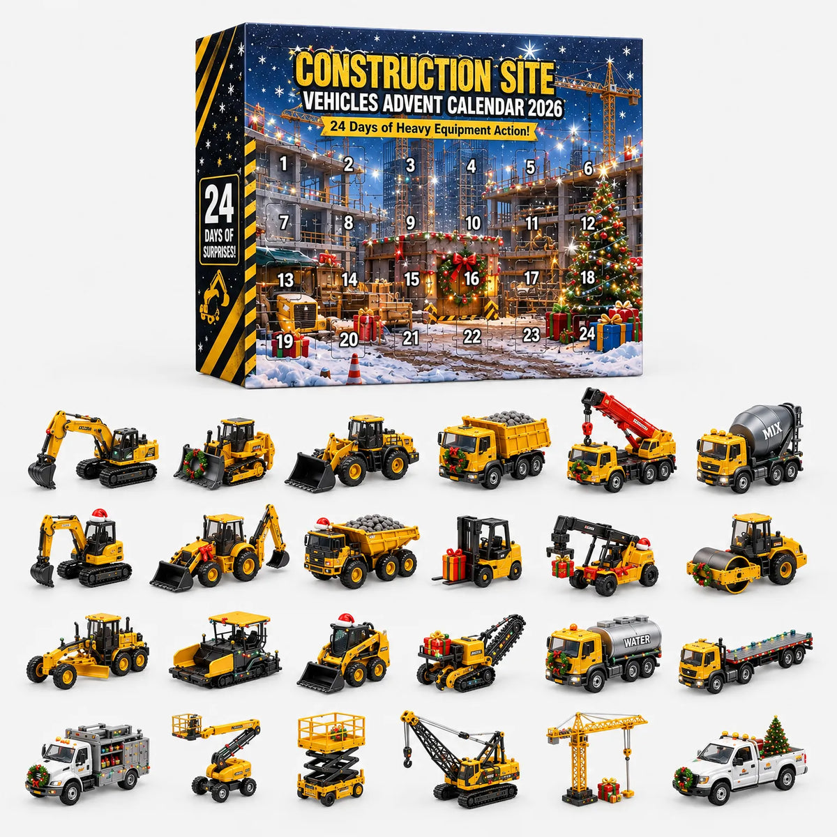 Bouwvoertuigen Adventskalender Kinderen – 24 Graafmachine & Betonmixer Hangers van Acryl, Aftelkalender zonder Snoep Default Title