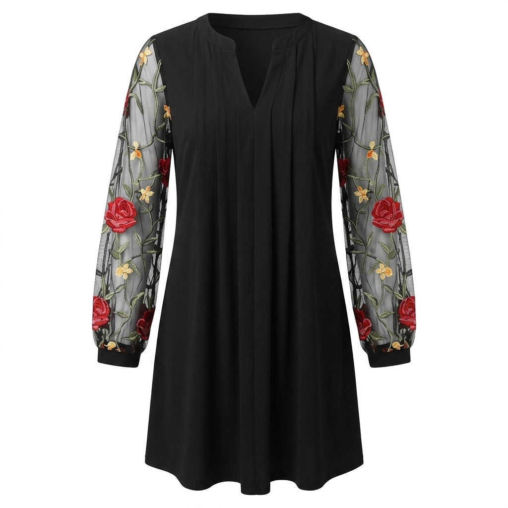 Kira | Dames Mini Jurk - Elegante V-hals, Transparante Mouwen