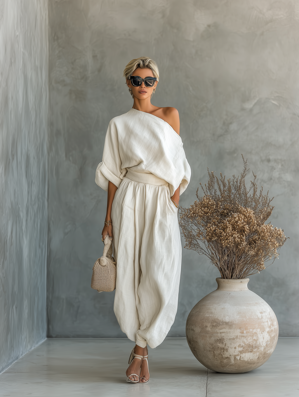 Lina | Dames Set - Gebroken Wit Linnen Off-Shoulder Casual Outfit